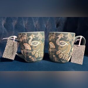 Pair Soft Touch Gold Detailed Green Peacock Mugs Petal & Pearl Dwell Studio NWT